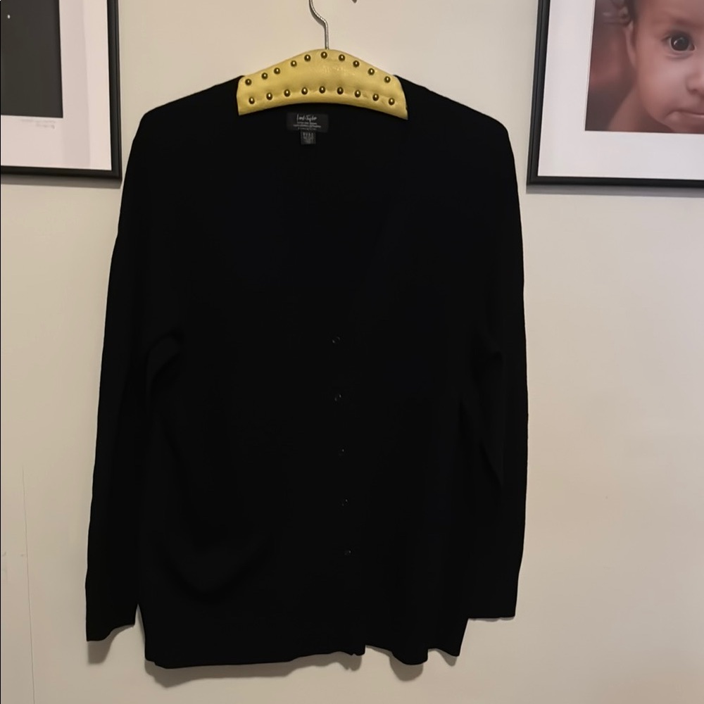 Lord & Taylor Extra Fine 1X Classic Black Cardigan Sweater 100% Merino Wool New